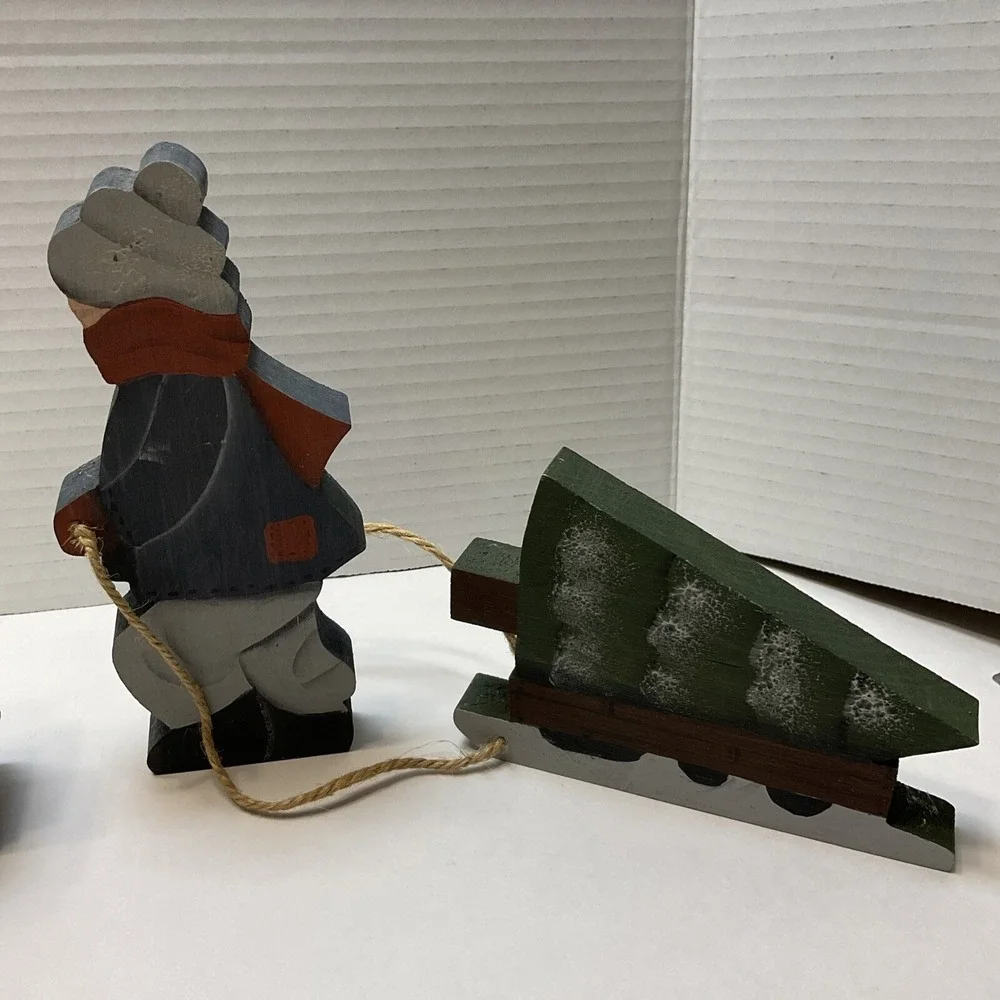 Vintage Christmas‎ Handmade Wooden Folk Art Kids Building Snowman & Pulling Tree